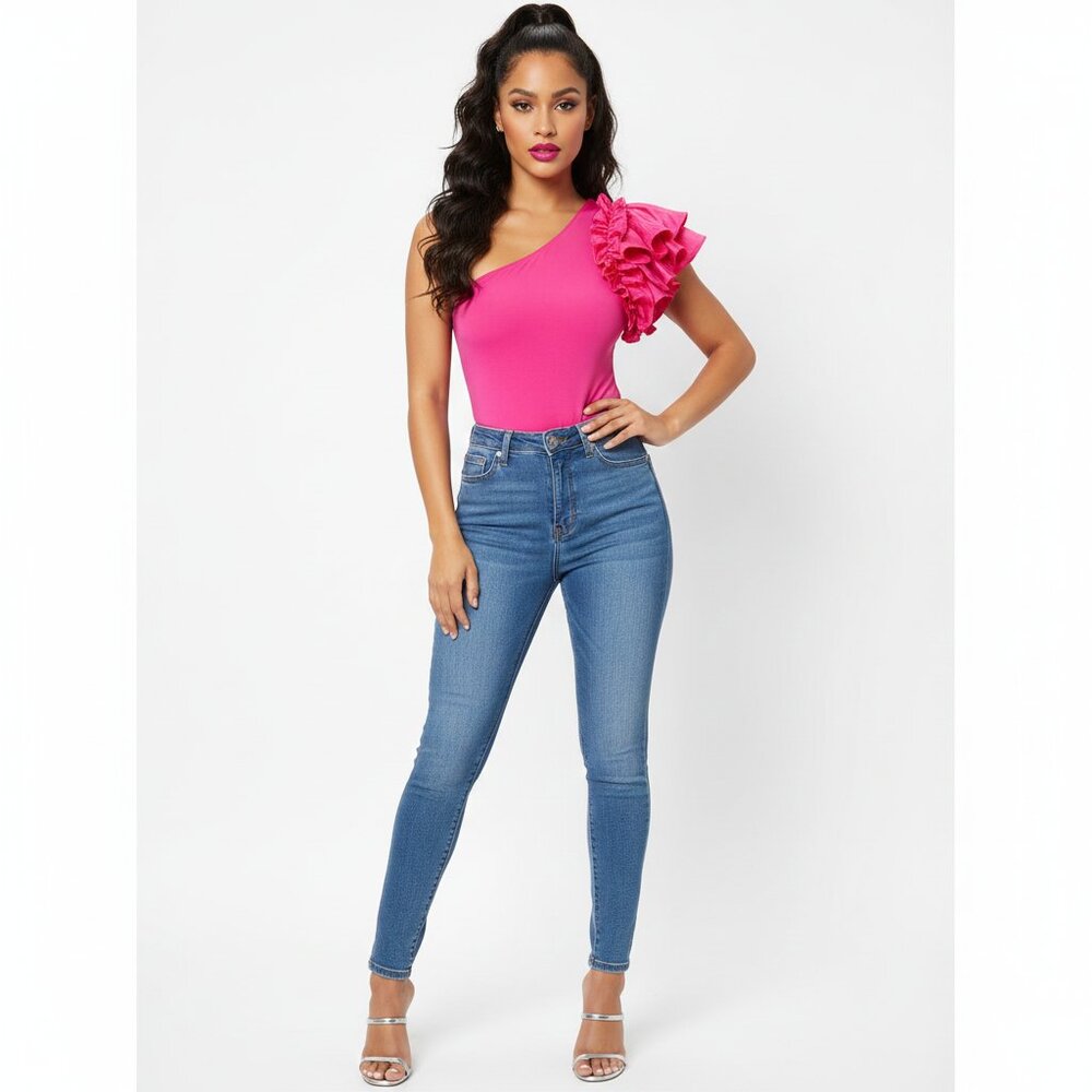 Ruffle One Shoulder Bodysuit Top Small Date Club Valentines Sexy Summer Festival